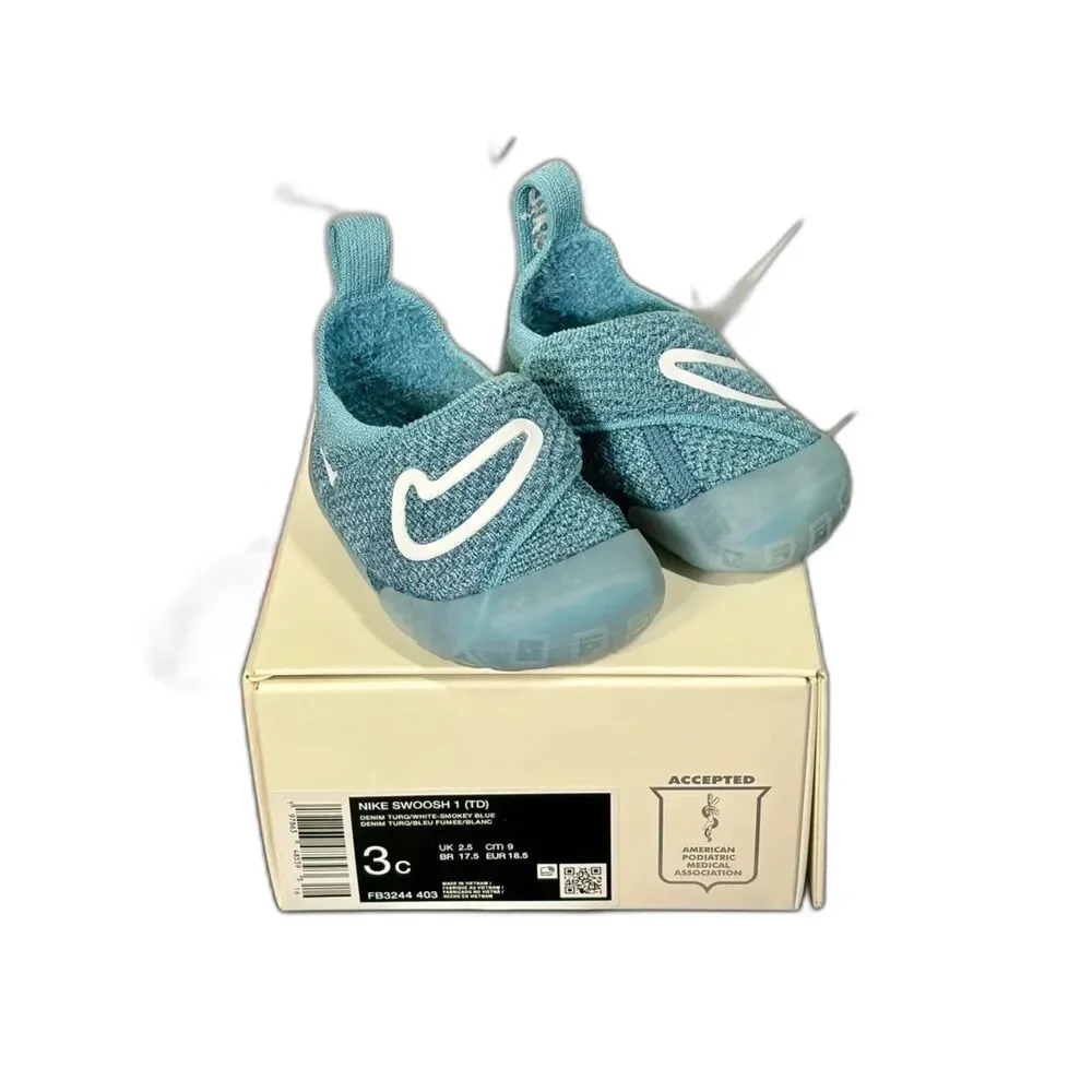 Nike Swoosh 1 TD Infant Flyknit Shoes Denim Turq White Sz 3C FB3244-403